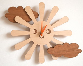Wooden Happy Sun Wall Clock Kids Baby Nursery Room Decor