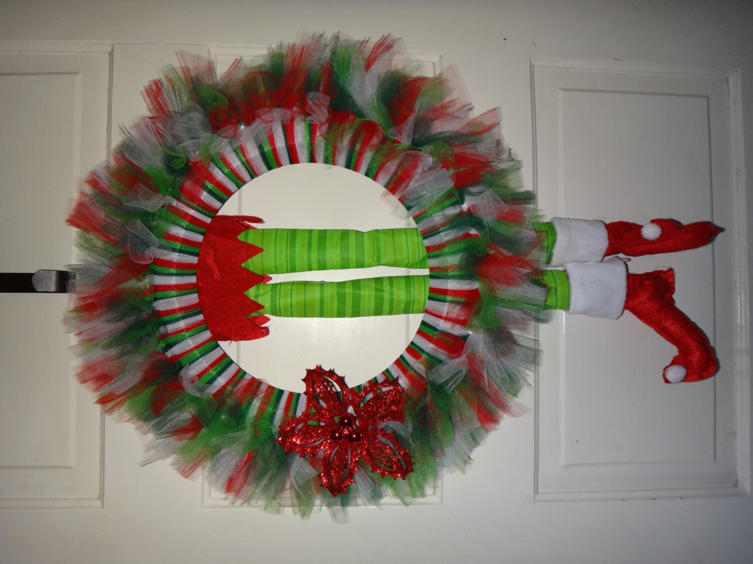 Christmas Tulle Wreath with Red Sparkle Poinsettia (With or without Elf Legs)