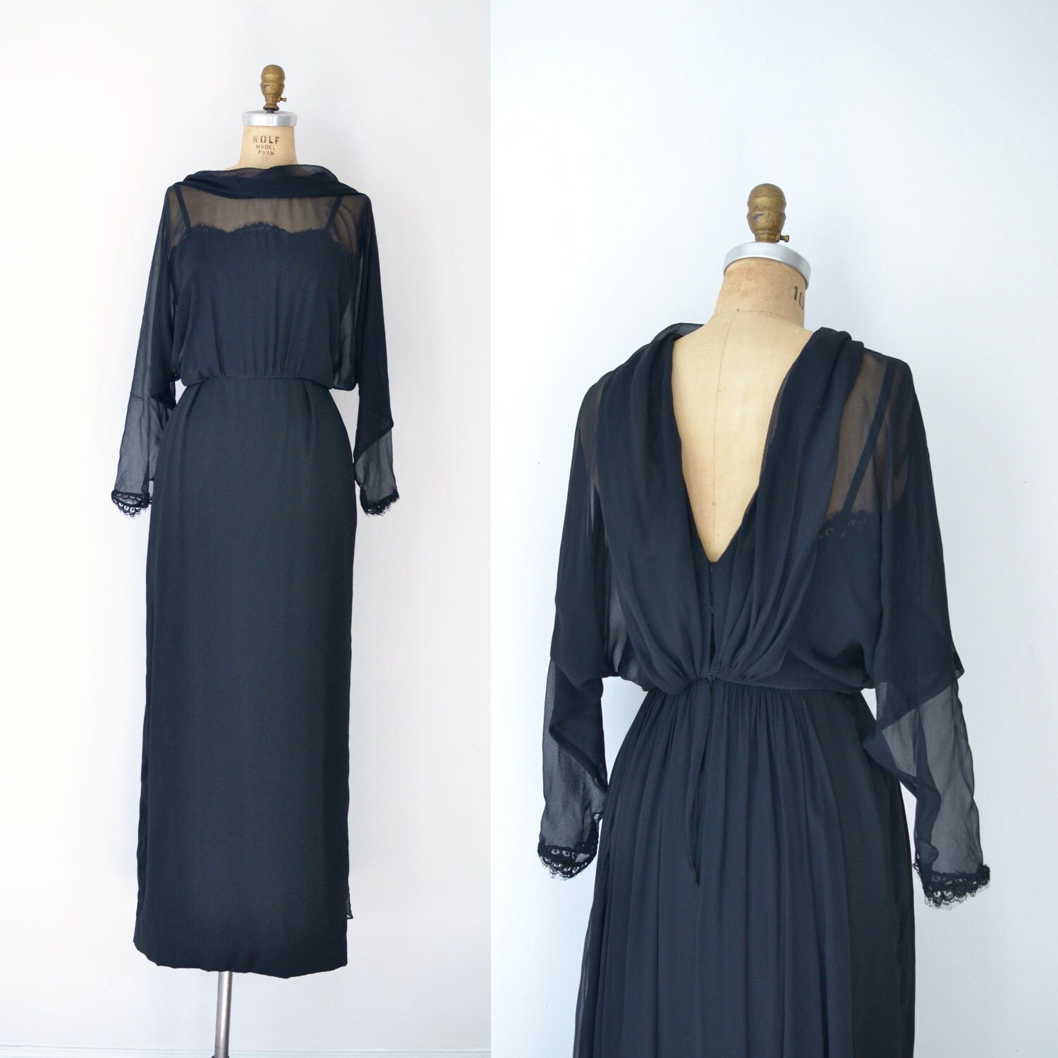 1970s Black Evening Gown / 70s Romantic Silk Chiffon Dress