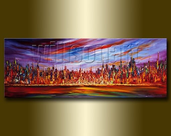Modern City Cityscape Painting Oil on Canvas Palette Knife Textured Abstract Original Art 15X40 by Willson Lau