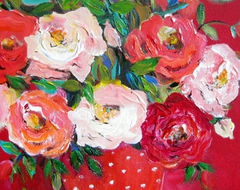 Red Still life Floral Original Painting 12 x 16 Art by Elaine Cory