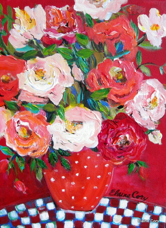 Red Still life Floral Original Painting 12 x 16 Art by Elaine