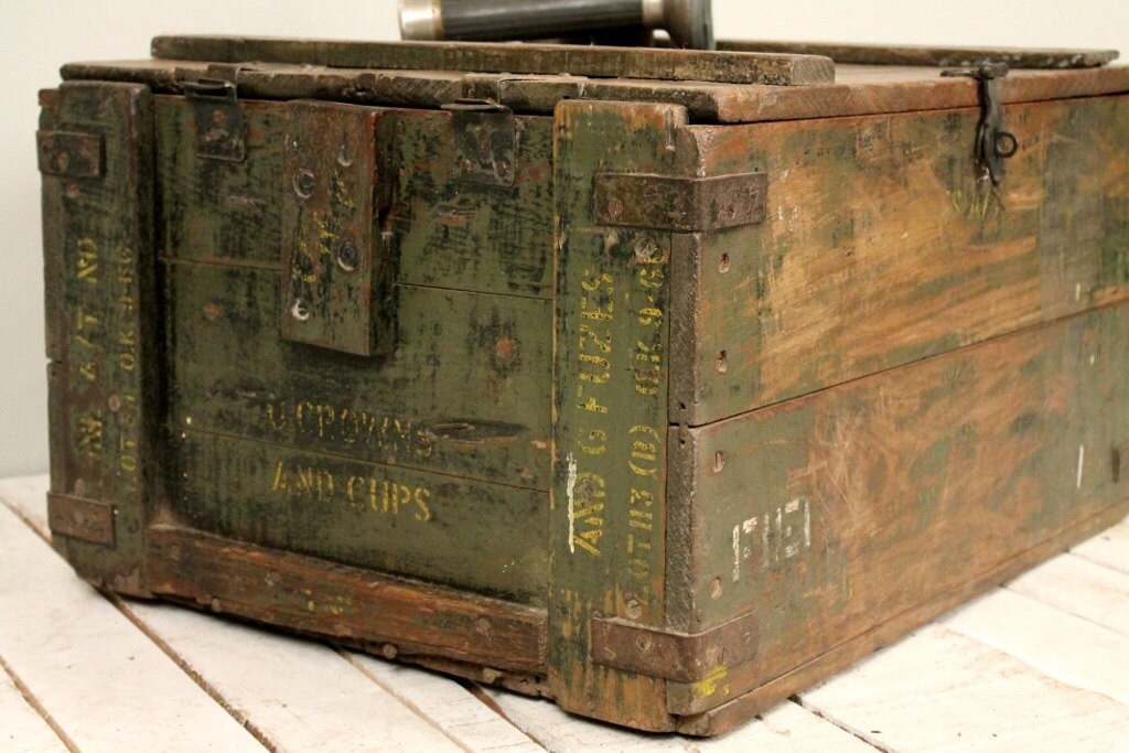 SALE Vintage Distressed Army Crate Storage Trunk Side Table w/