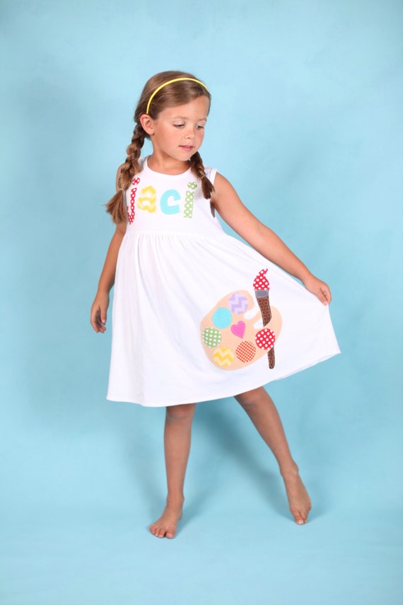 Back to School Dress Paint Palette Applique, Paint Dress, Toddler Dress or Girl's Dress- Choose Dress Color and Sleeve Length