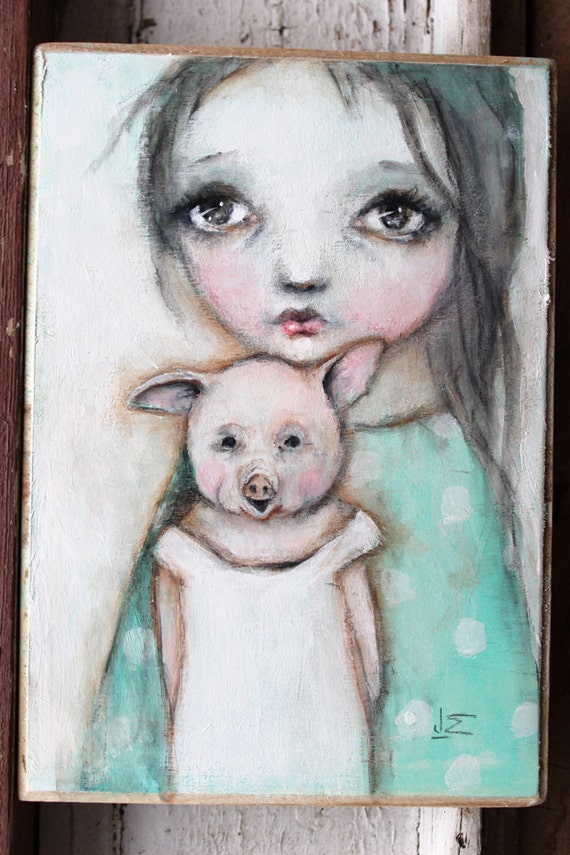 original girl child pig portrait primitive painting 5 1/4 X 7