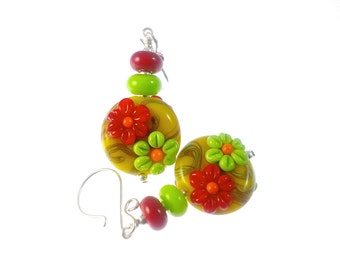Lampwork Earrings, Colorful Glass Bead Earrings, Red Green Flower Earrings, Yellow Dangle Earrings, Beadwork Earrings, Lampwork Jewelry