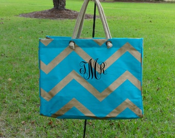 ... LARGE CHEVRON Jute Tote Bag- Turquoise and Gold Chevron Beach Bag