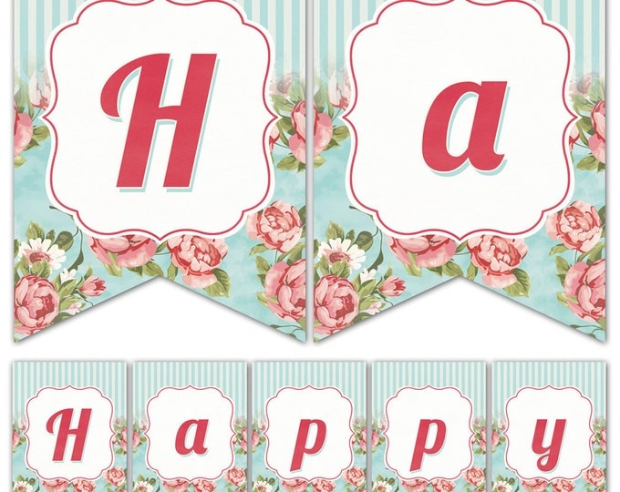 Shabby Chic Tea Party - Happy Birthday Banner - Print your own - Instant Download
