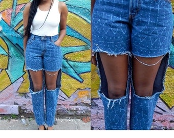 High Waist Jeans / Ripped Jeans / Distressed Jeans / Bleached Denim Jeans / Acid Wash Jeans / Medium / M