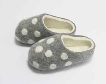Hand Felted Slippers for Everyone. Gray with White Dots and White inside. made to order.