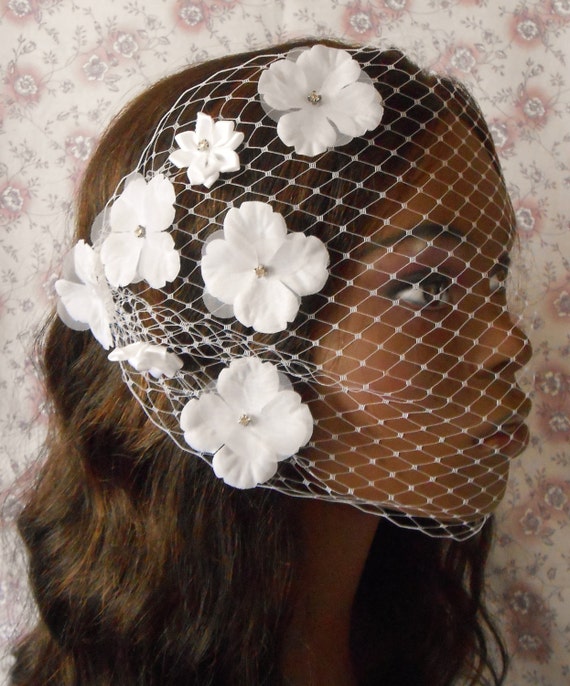 Glam White Birdcage Veil With Flowers