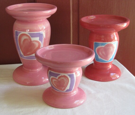 Candle Holder Ceramic Pillar Pink/Red Heart Set of 3 by ...