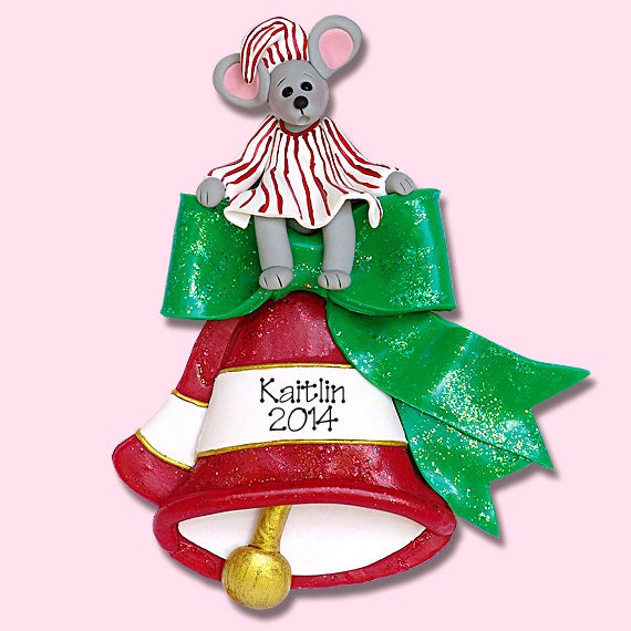 CHRISTMAS MOUSE on Bell Pesonalized Christmas Ornament HANDMADE Polymer Clay