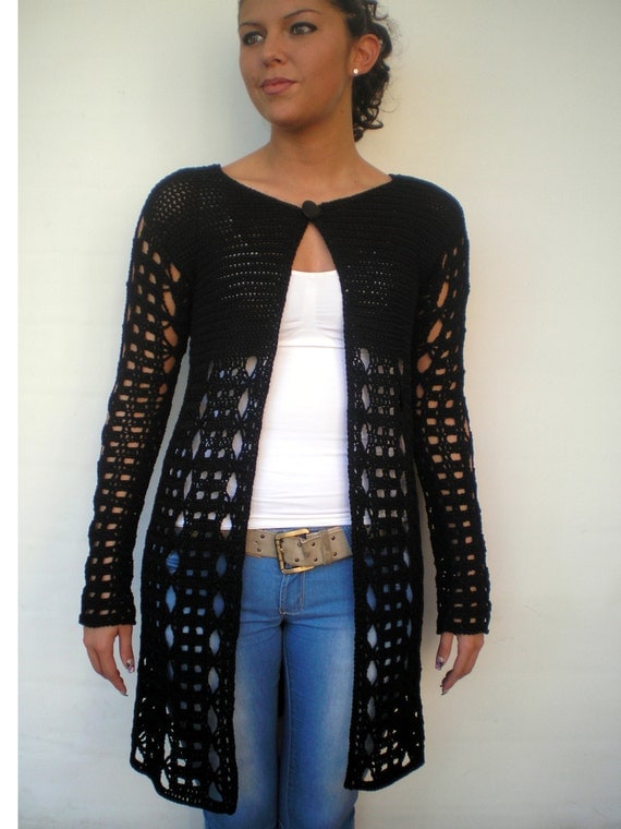 RESERVED Long Lace Cardigan Trendy Black Hand Crocheted Woman