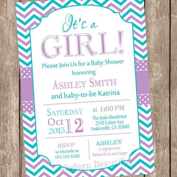 baby shower invitation,purple, teal, chevron baby shower invitation ...