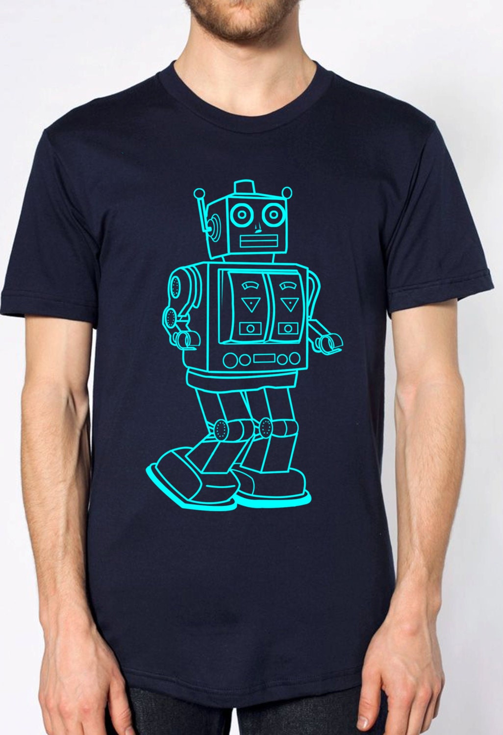 Mens Vintage Robot T Shirt American Apparel Navy Blue