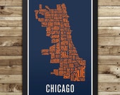 CHICAGO Map - Neighborhood Typography Print - Bears Blue - 12" x 18"