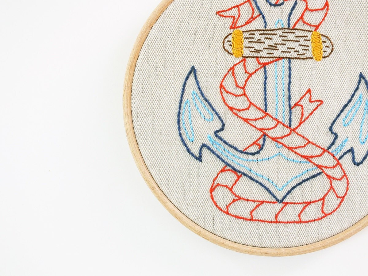 Embroidery Hoop art Nautical décor Hand embroidery anchor