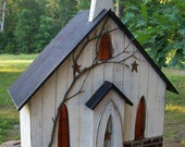 Primitive Lighted church Folk Art worn white w/ worn black accents ~  Comes w/ light and cord ~ Birdhouse ~ Very unique!