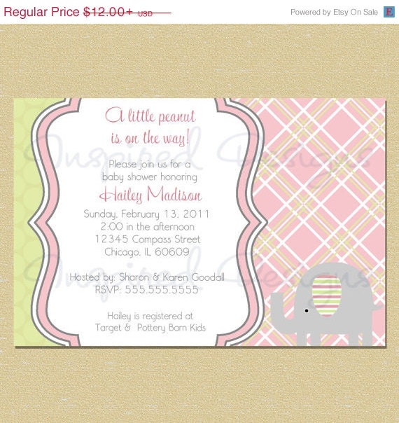 10% OFF SALE Pink & Green Spring Colors Elephant Baby Shower Invitation Il_570xn
