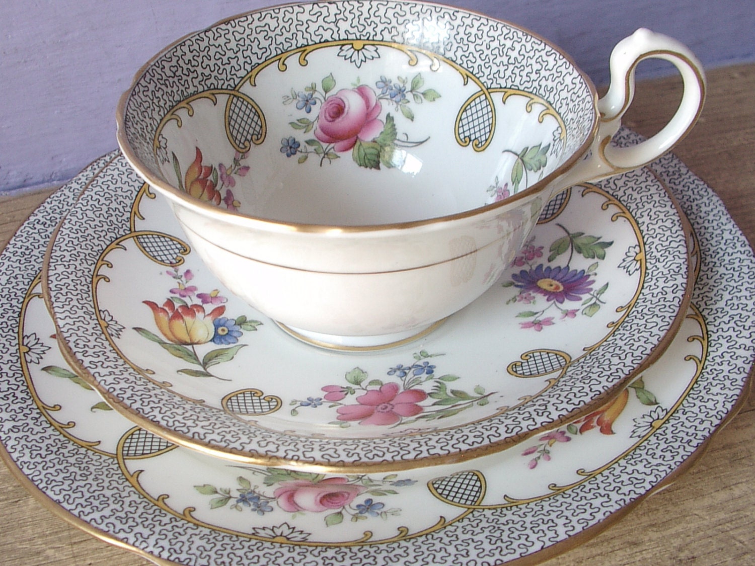 Antique 1920's Aynsley tea cup trio set black and by ShoponSherman