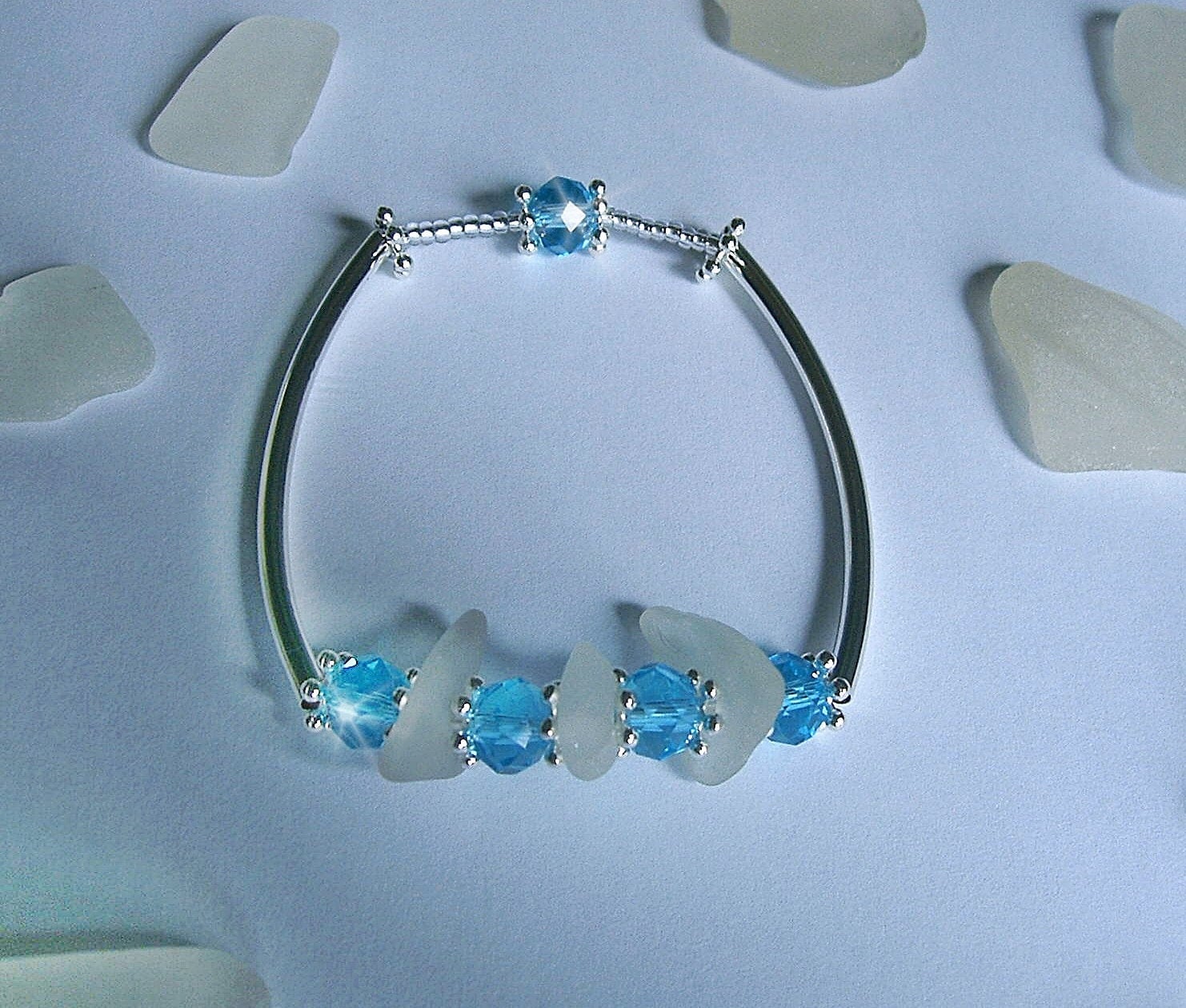 Sea Glass Bracelet Aqua Blue Crystal And By Seaglassjewelryetsy