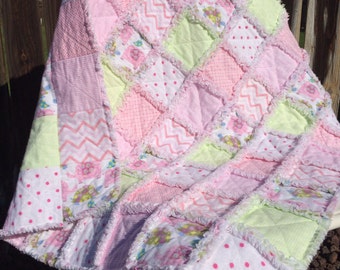 Baby Rag Quilt Handmade Soft Flannels Pastel Colors Pink Green Patchwork Children's Blanket Toddler Bedding