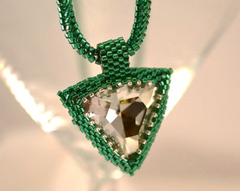 Sparkling Green Beadwoven 23 MM Swarovski Crystal Triangle Pendant with Green Herringbone Cord Womens Birthday Gift Anniversary Gift for Her