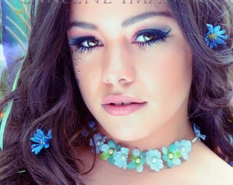 Fairy Flower Necklace/ Flower Lei of blue flowers and pearls