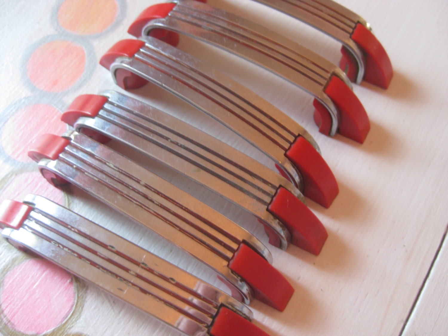 Lot of 6 Vintage Art Deco Chrome and Red Drawer Pulls by ...