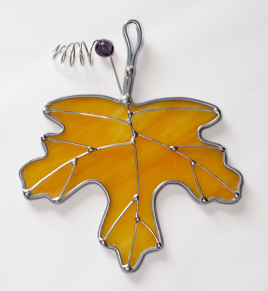 Stained Glass Suncatcher Maple Leaf with wire and bead