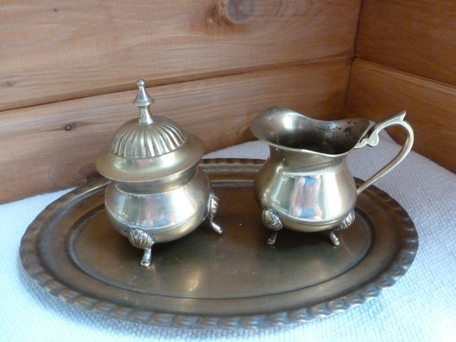 Cream and Sugar Set with a Tray in Brass Vintage Brass Cream Pitcher