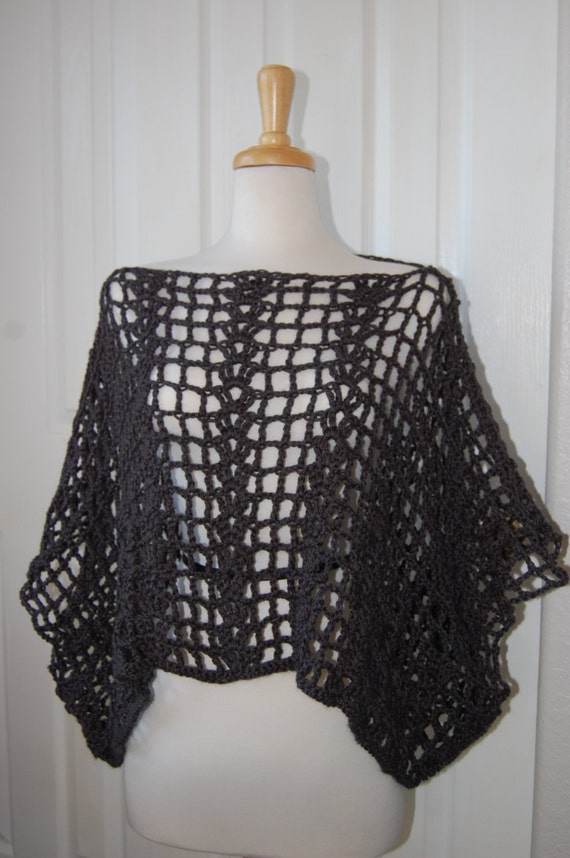 Crochet Poncho Caplet Ruana Black Cotton one size by LoyesThread