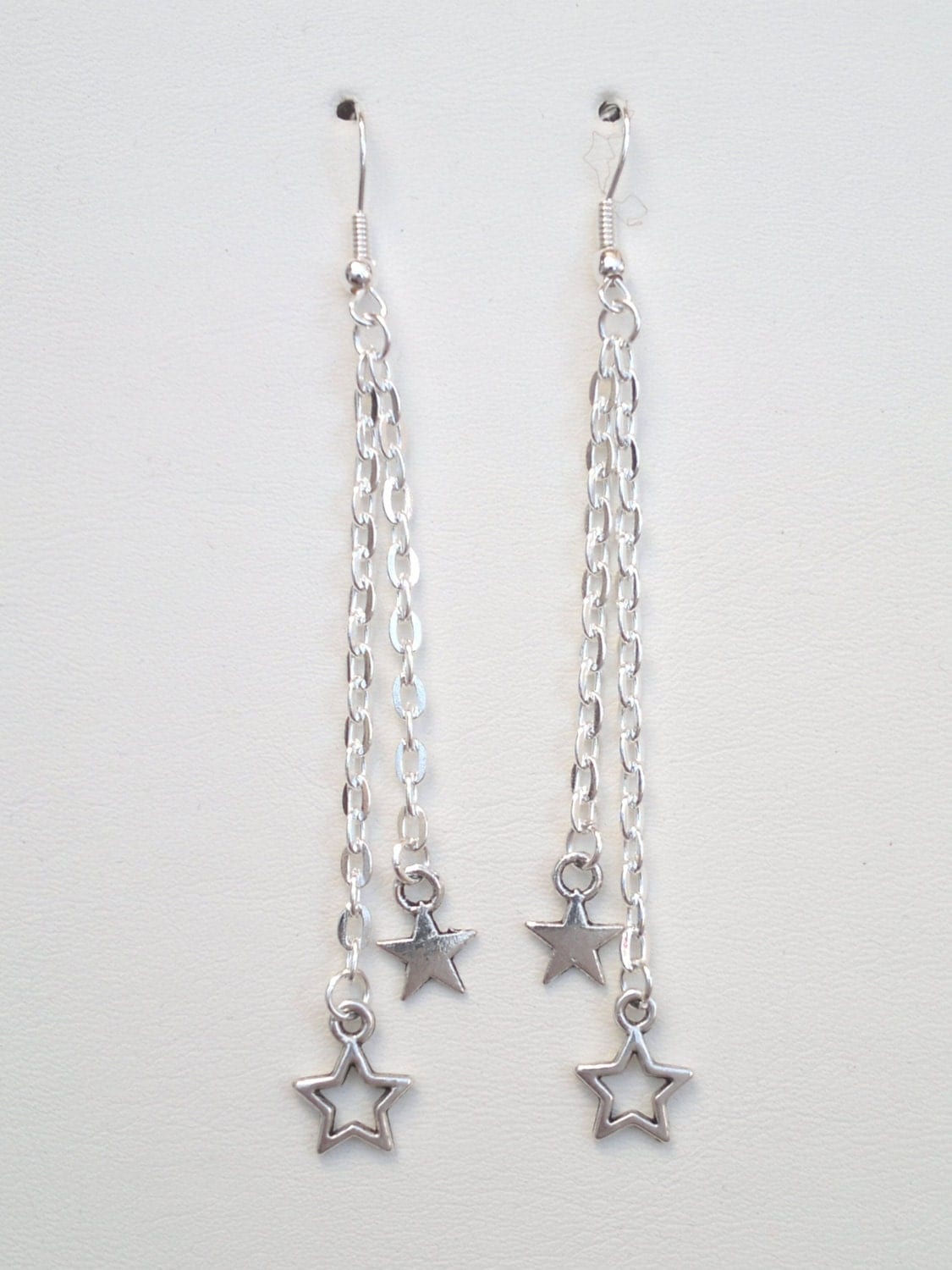 Double FALLING STARS Silver Plated Chain Drop Ear Wire or