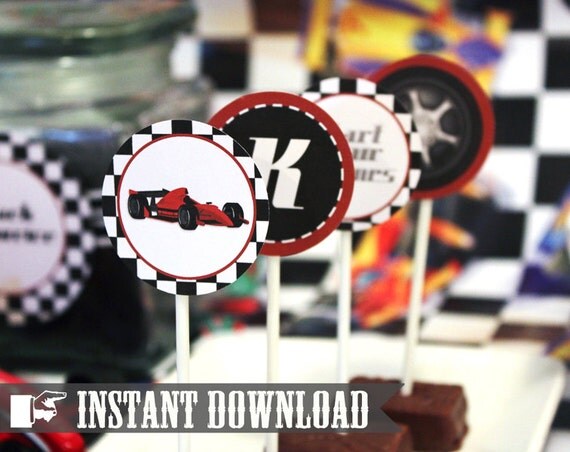 Racing Car Party Circles/Cupcake Toppers - INSTANT DOWNLOAD - Editable & Printable Birthday Decorations by Sassaby Il_570xn