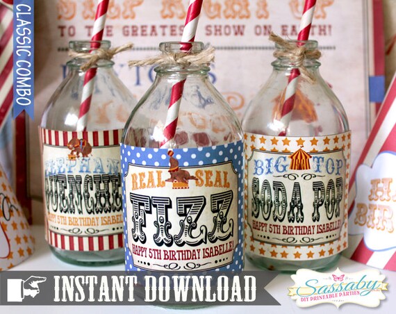 Vintage Circus Drink Bottle Labels - INSTANT DOWNLOAD - Editable & Printable Birthday Party decorations by Sassaby Il_570xn