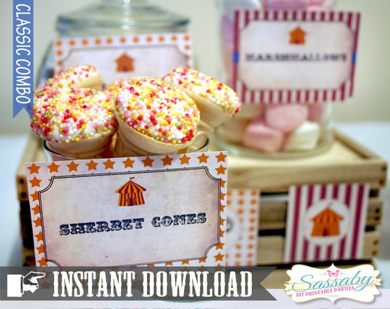 Vintage Circus Party Labels - INSTANT DOWNLOAD - Editable & Printable Birthday Party Decorations by Sassaby Il_570xn