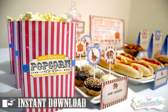 DIY Popcorn Bag Printable Template - INSTANT DOWNLOAD - Vintage Circus Editable & Printable Party Decorations by Sassaby Il_570xn