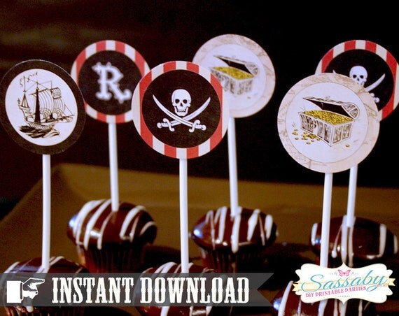 Pirate Boys Party Circles/Cupcake Toppers - INSTANT DOWNLOAD - Editable & Printable Birthday Decorations by Sassaby Il_570xn