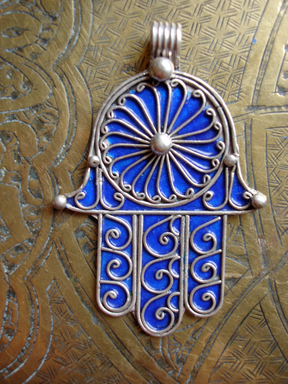 Blue enamel silver Moroccan hand charm V