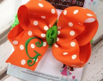 Fall Pumpkin Bow --- Large Orange and White Polka Dot Monogrammed Bow with Green with inital --- you choose initial