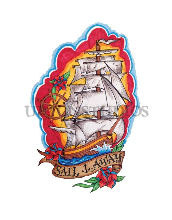Sail Away Ship Tattoo Drawing Print by UptonStudios on Etsy