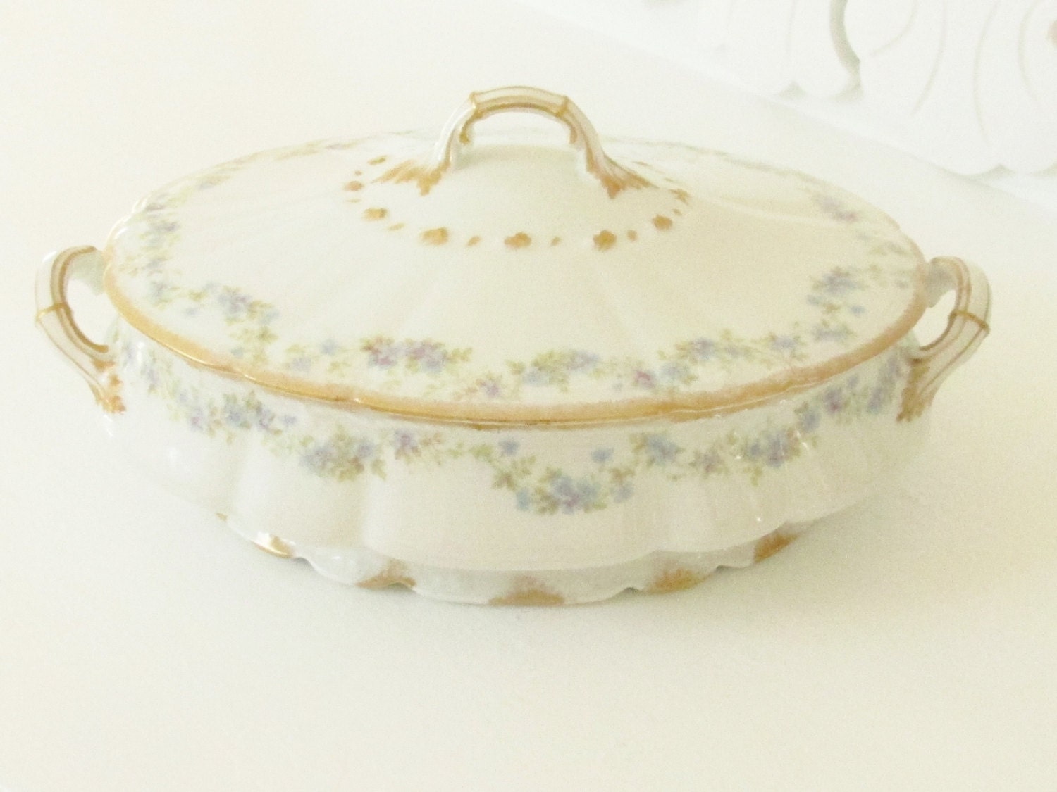 Antique Haviland Limoges Porcelain Covered Dish Blue Flower