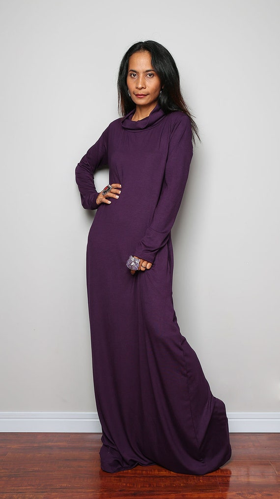 Purple Maxi Dress - Cowl Turtle Neck Dress  Long Sleeve Purple dress ...