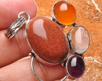 Goldstone, carnelian, amethyst pendant (J340). Free shipping in USA