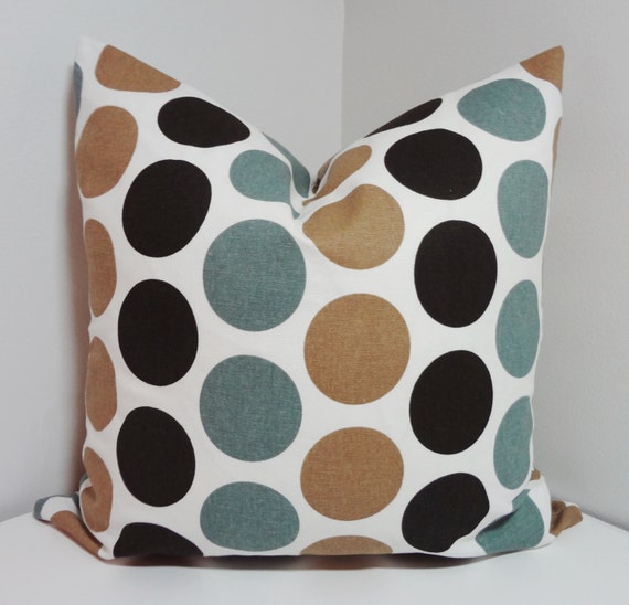 Brown Mocha & Blue Large Polka Dot Pillow Cover Decorative