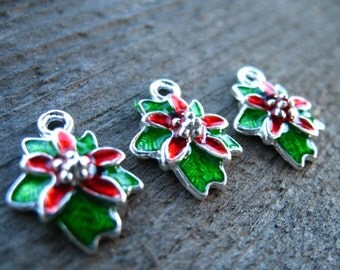 3 Enamel Holly Charms 18mm Silver Plated and Enamel Christmas Charms