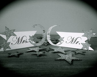 Mr. and Mrs. Wedding Signs, Moon and stars, Hand cut, Silver Glitter Detail