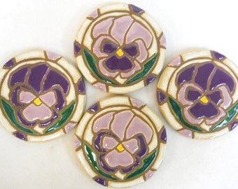 Mosaic Tile Coasters PANSIES Handmade Ceramic Tile Coasters Stoneware Floral Pansy Art Lavender and Purple Set of 4