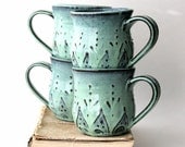 Ceramic Coffee Cup Mug - Set of 4 - Aqua Mist French Country Dinnerware - Hand Thrown - MADE TO ORDER